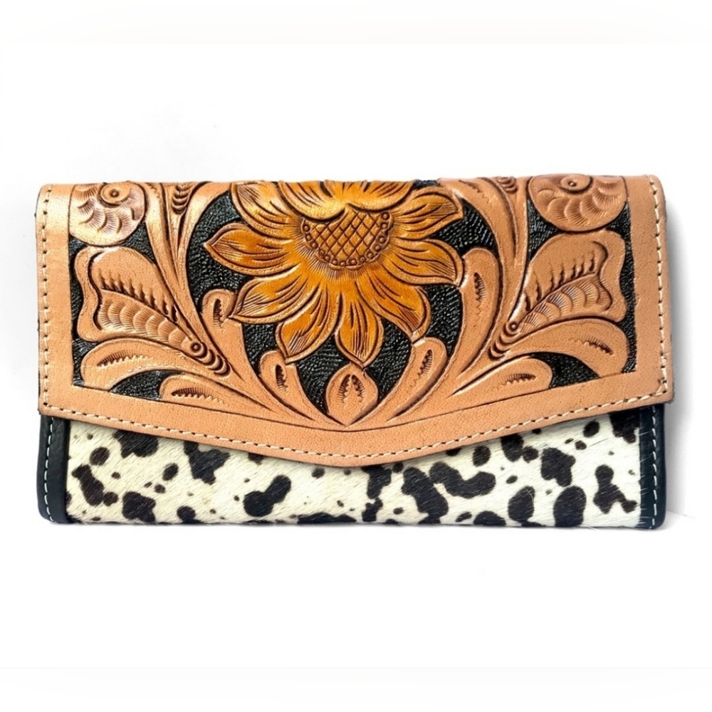 HANDMADE GENUINE LEATHER FAIR TRADE SUNFLOWER CARVED WALLET